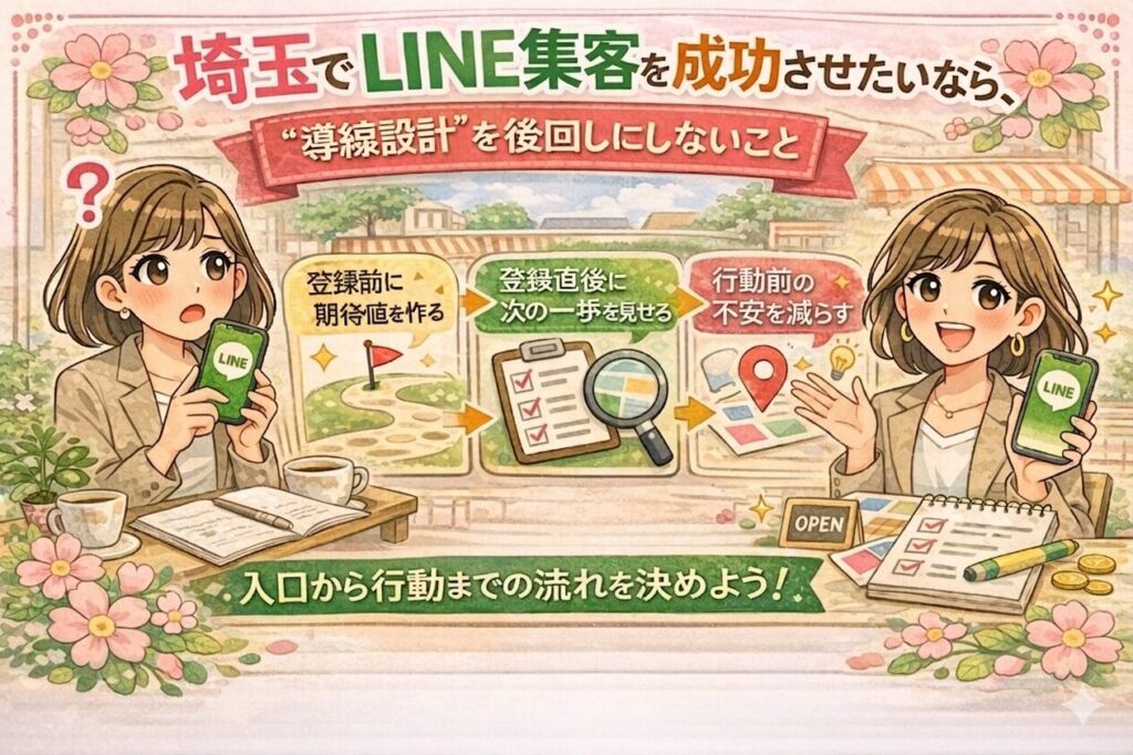 埼玉でLINE集客を成功させるために、導線設計を後回しにしない重要性を、登録前の期待値づくり・登録直後の案内・行動前の不安解消の流れで分かりやすく伝える、女性経営者向けのイラスト調アイキャッチ画像