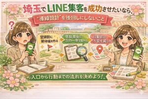 埼玉でLINE集客を成功させるために、導線設計を後回しにしない重要性を、登録前の期待値づくり・登録直後の案内・行動前の不安解消の流れで分かりやすく伝える、女性経営者向けのイラスト調アイキャッチ画像
