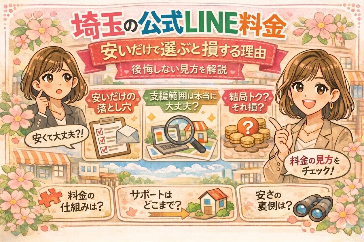 埼玉の公式LINE料金について、安いだけで選ぶと損する理由を「落とし穴」「支援範囲」「料金の見方」などの観点で分かりやすく整理した、女性経営者向けのイラスト調アイキャッチ画像