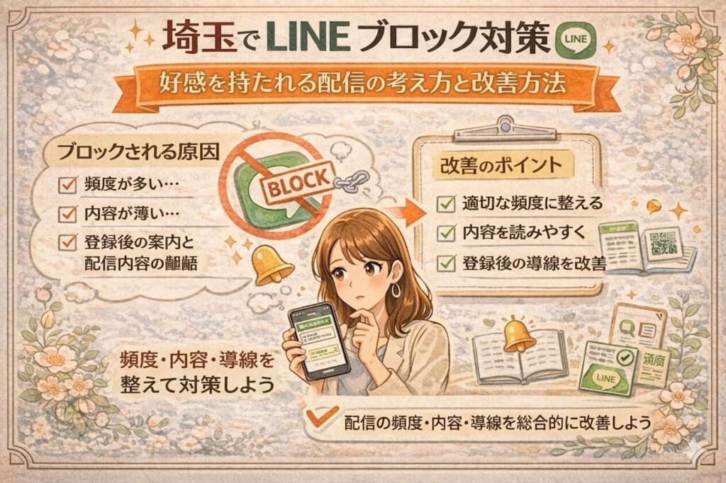 花の装飾に囲まれたイラスト調の画像で、埼玉のLINEブロック対策について、ブロックされる原因と改善のポイント、頻度・内容・導線の見直し方を紹介している