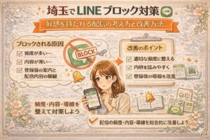花の装飾に囲まれたイラスト調の画像で、埼玉のLINEブロック対策について、ブロックされる原因と改善のポイント、頻度・内容・導線の見直し方を紹介している