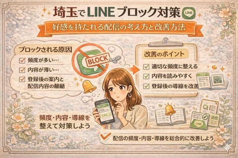 花の装飾に囲まれたイラスト調の画像で、埼玉のLINEブロック対策について、ブロックされる原因と改善のポイント、頻度・内容・導線の見直し方を紹介している
