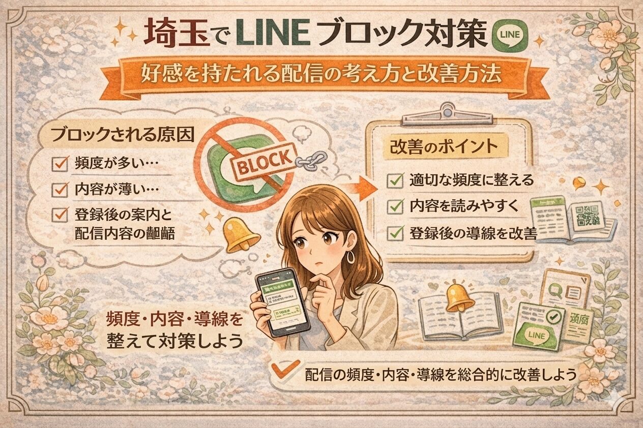 花の装飾に囲まれたイラスト調の画像で、埼玉のLINEブロック対策について、ブロックされる原因と改善のポイント、頻度・内容・導線の見直し方を紹介している