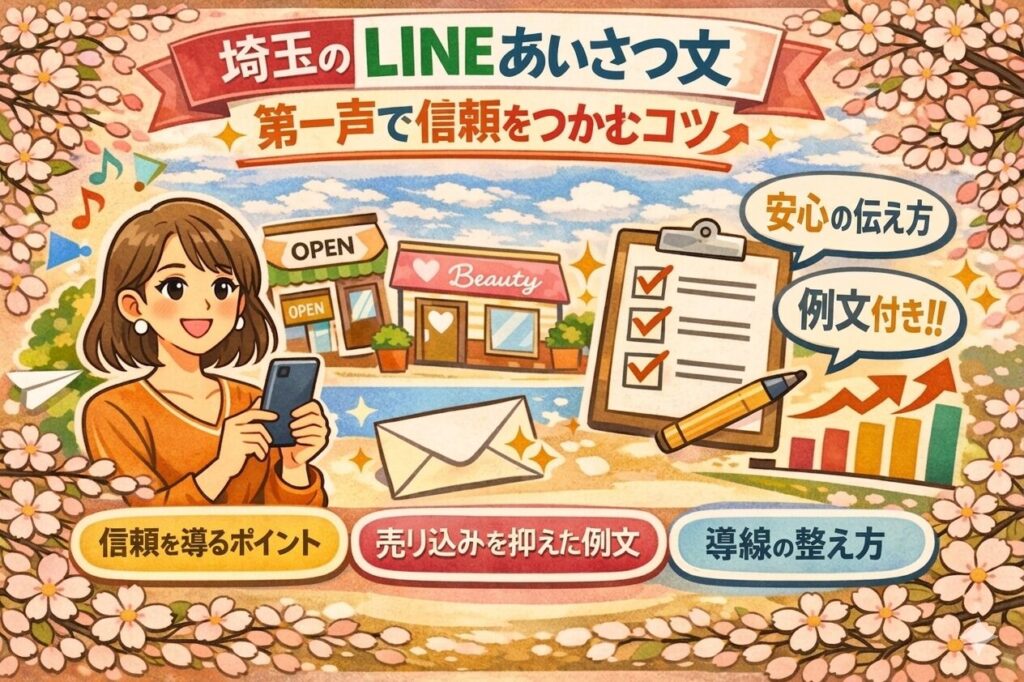 桜の花に囲まれたやわらかいイラスト調デザインで、埼玉のLINEあいさつ文について、第一声で信頼をつかむコツ、安心感のある伝え方、例文、導線の整え方を紹介しているアイキャッチ画像