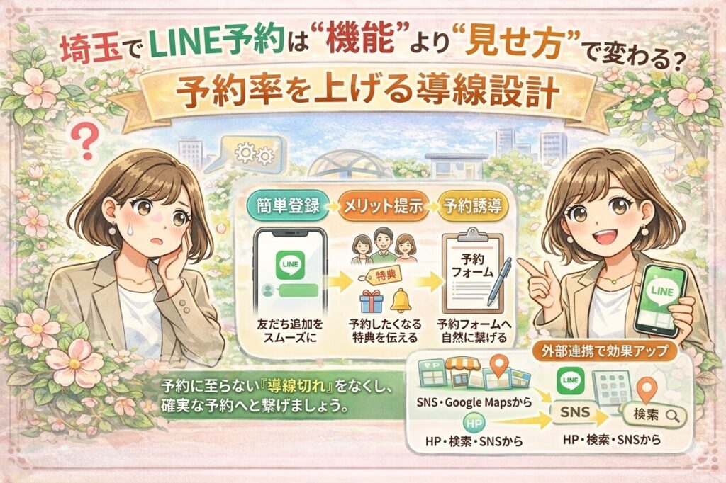 埼玉でLINE予約を増やしたい方向けに、機能より見せ方が重要であることを、導線設計と予約までの流れで分かりやすく示した女性向けイラスト画像