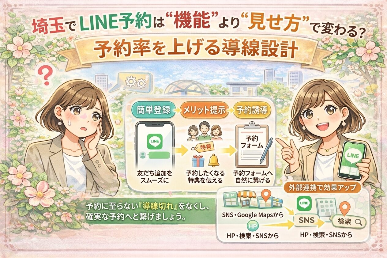 埼玉でLINE予約を増やしたい方向けに、機能より見せ方が重要であることを、導線設計と予約までの流れで分かりやすく示した女性向けイラスト画像