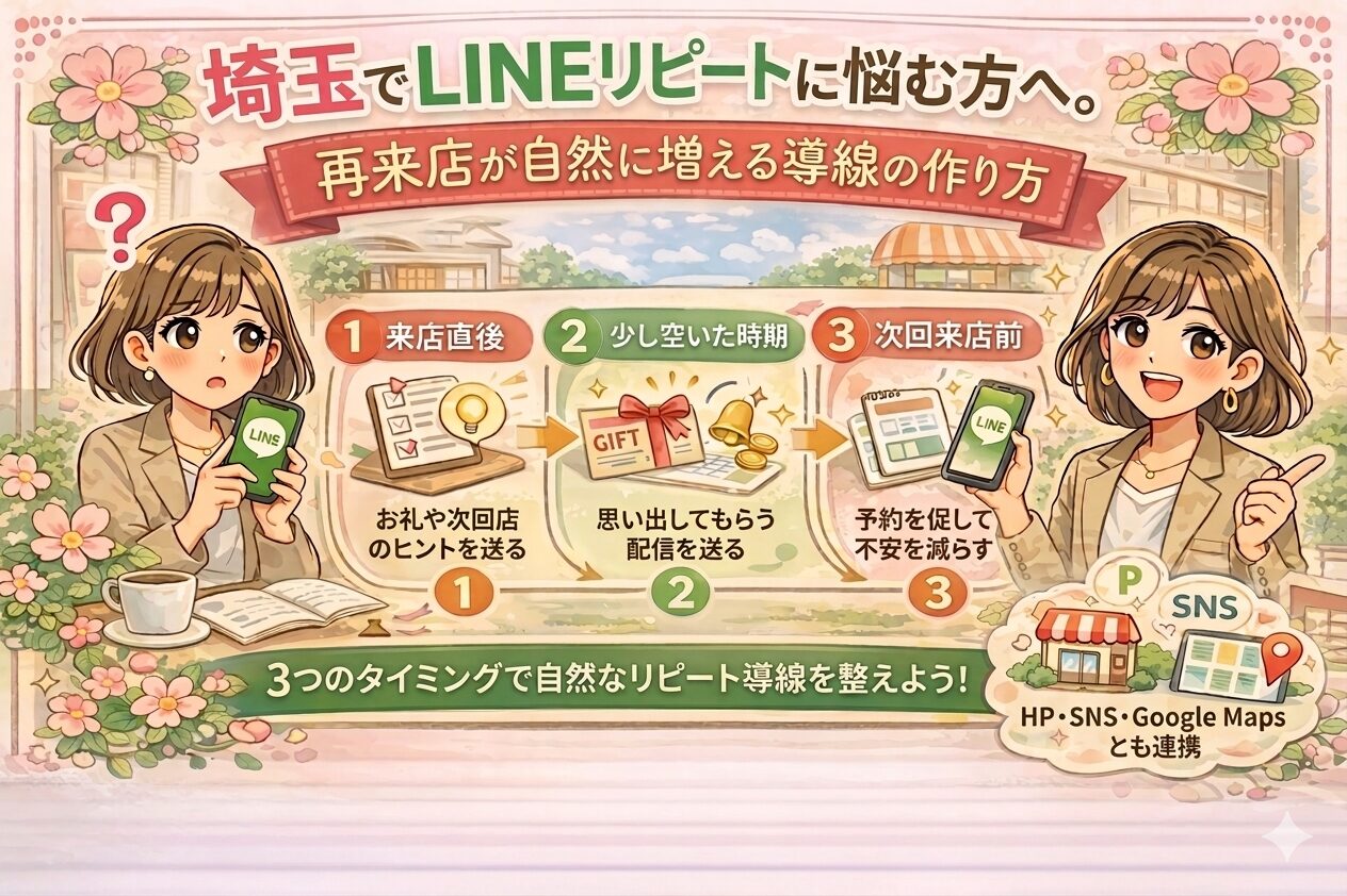埼玉でLINEリピートに悩む方向けに、来店直後・少し空いた時期・次回来店前の3つのタイミングで再来店が自然に増える導線を分かりやすく伝える、女性経営者向けのイラスト調アイキャッチ画像
