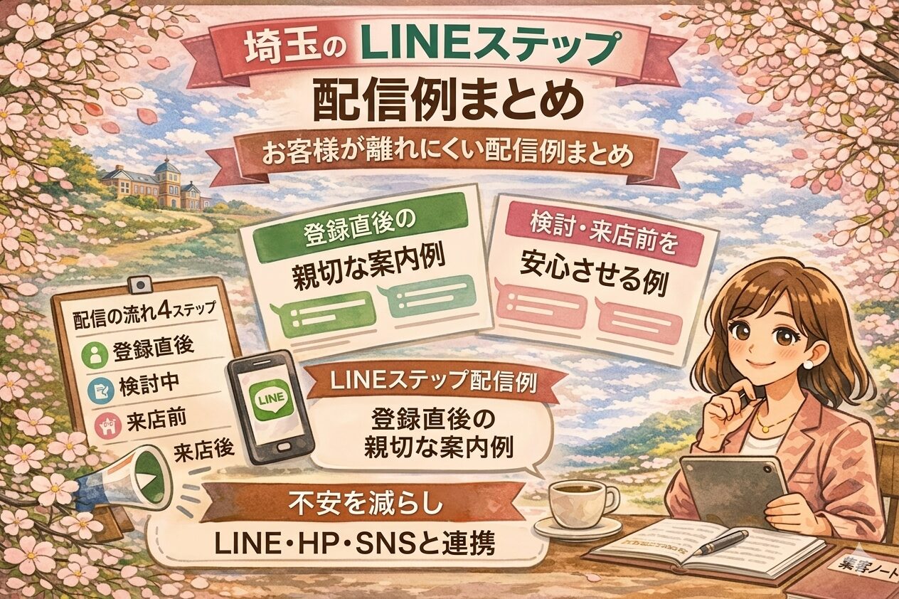 埼玉の女性経営者向けに、LINEステップ配信で何を送るとお客様が離れにくいかを紹介した、桜背景のイラスト調アイキャッチ画像。