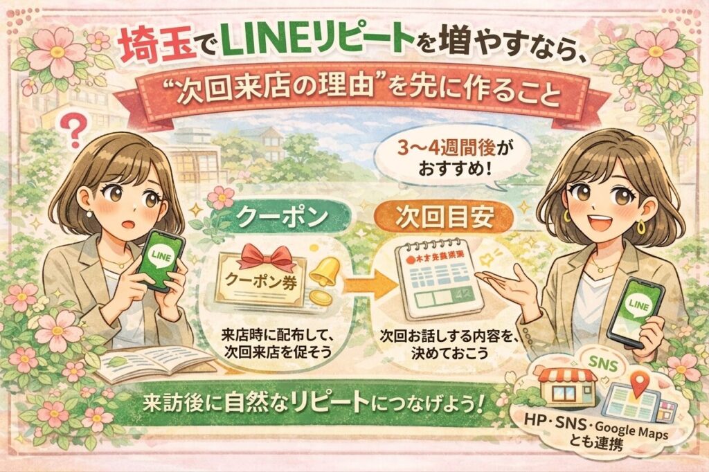 埼玉でLINEリピートを増やしたい方向けに、次回来店の理由を先に伝える重要性と、クーポン依存から脱却する流れをイラストで分かりやすく示した女性経営者向けアイキャッチ画像