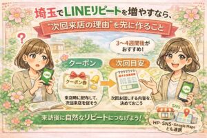 埼玉でLINEリピートを増やしたい方向けに、次回来店の理由を先に伝える重要性と、クーポン依存から脱却する流れをイラストで分かりやすく示した女性経営者向けアイキャッチ画像