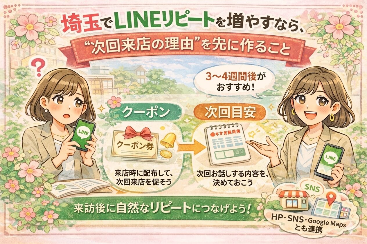 埼玉でLINEリピートを増やしたい方向けに、次回来店の理由を先に伝える重要性と、クーポン依存から脱却する流れをイラストで分かりやすく示した女性経営者向けアイキャッチ画像