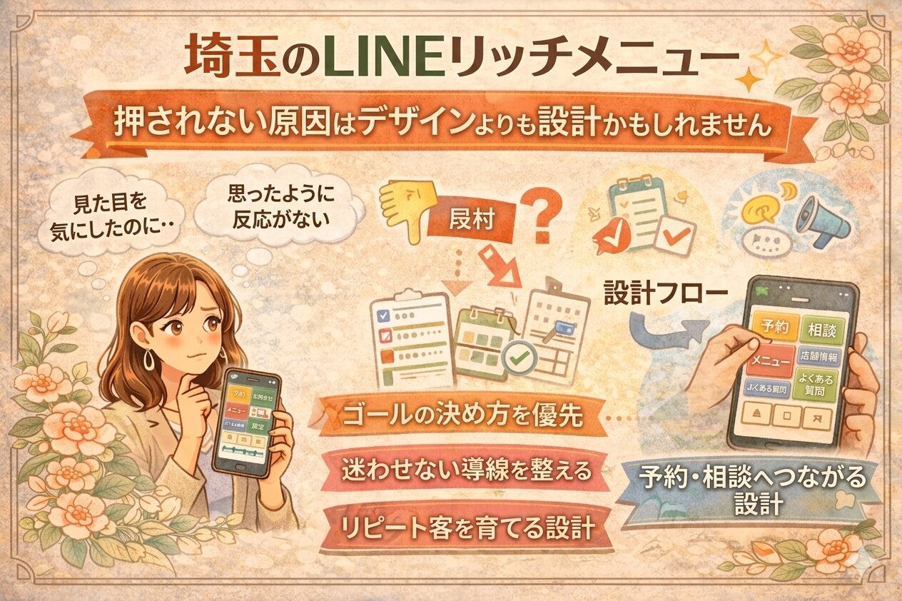 花の装飾に囲まれたやわらかいイラスト調デザインで、埼玉のLINEリッチメニューについて、押されない原因はデザインより設計にあること、予約や相談につながる導線の整え方を紹介しているアイキャッチ画像