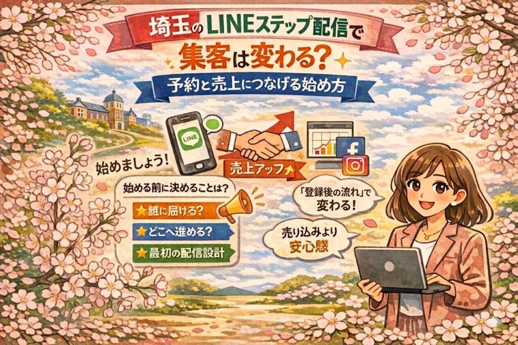 埼玉の女性経営者向けに、LINEステップ配信を使って予約数アップや売上向上を目指す方法を紹介した、桜を背景にしたイラスト調のアイキャッチ画像。