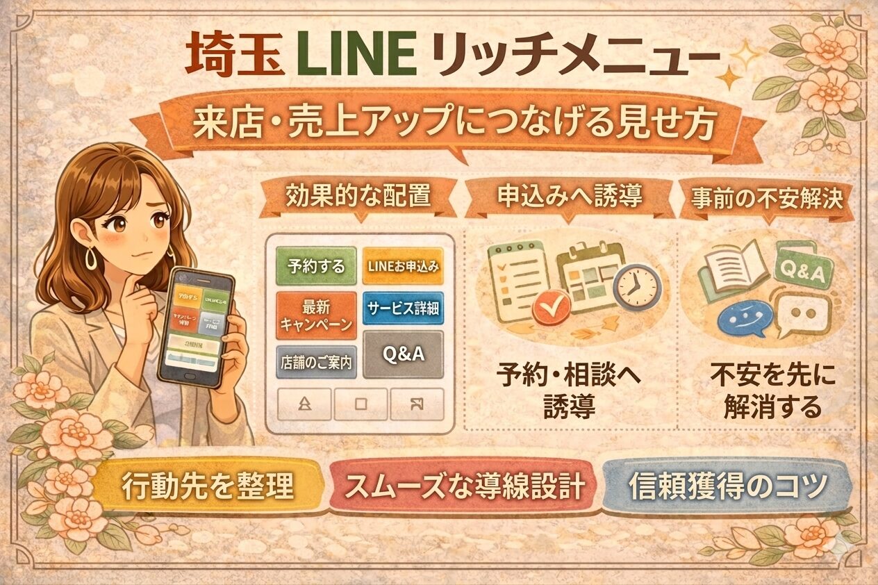 花の装飾に囲まれたやわらかいイラスト調デザインで、埼玉のLINEリッチメニューについて、予約や問い合わせにつなげる見せ方、押される配置、迷わない導線設計を紹介しているアイキャッチ画像