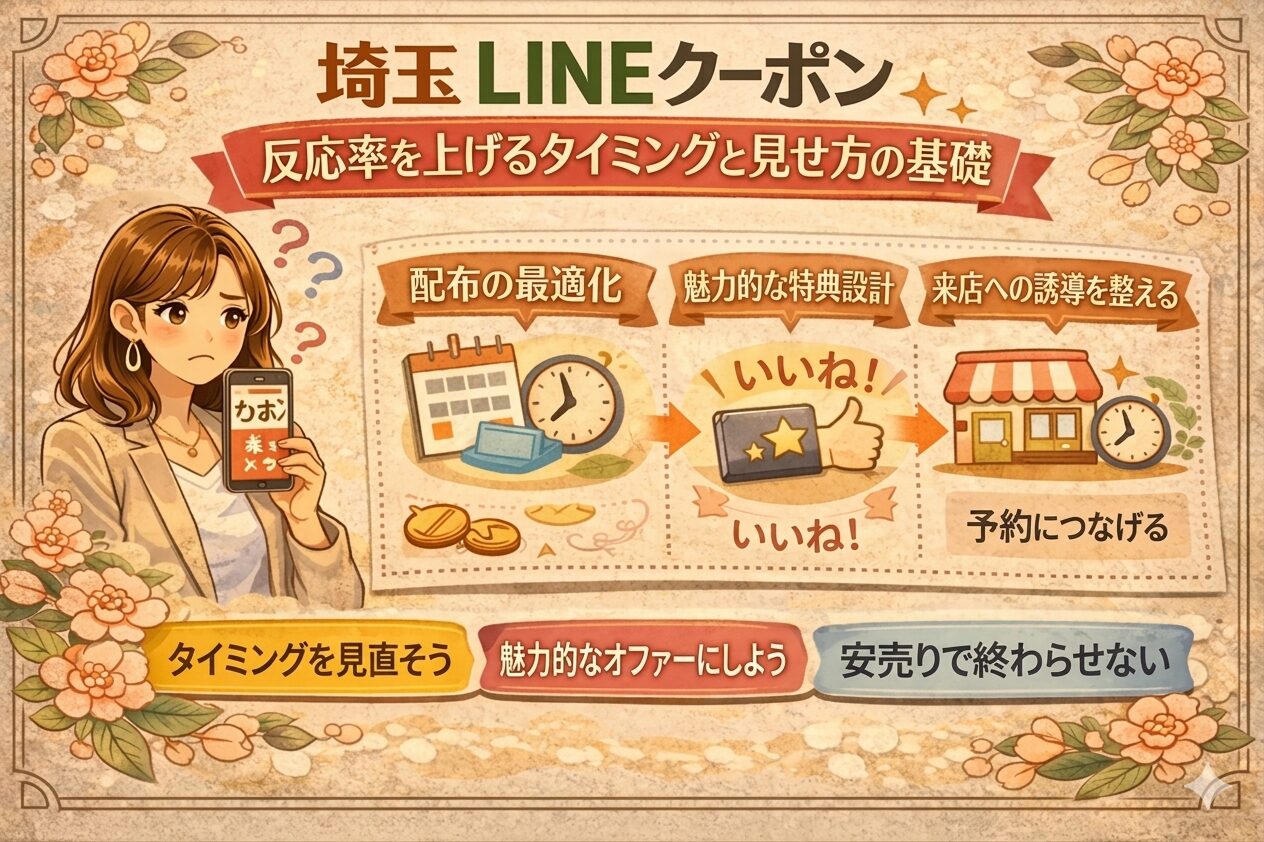 花の装飾に囲まれたやわらかいイラスト調デザインで、埼玉のLINEクーポンについて、反応が変わるタイミング、見せ方の工夫、予約につなげる流れを紹介しているアイキャッチ画像