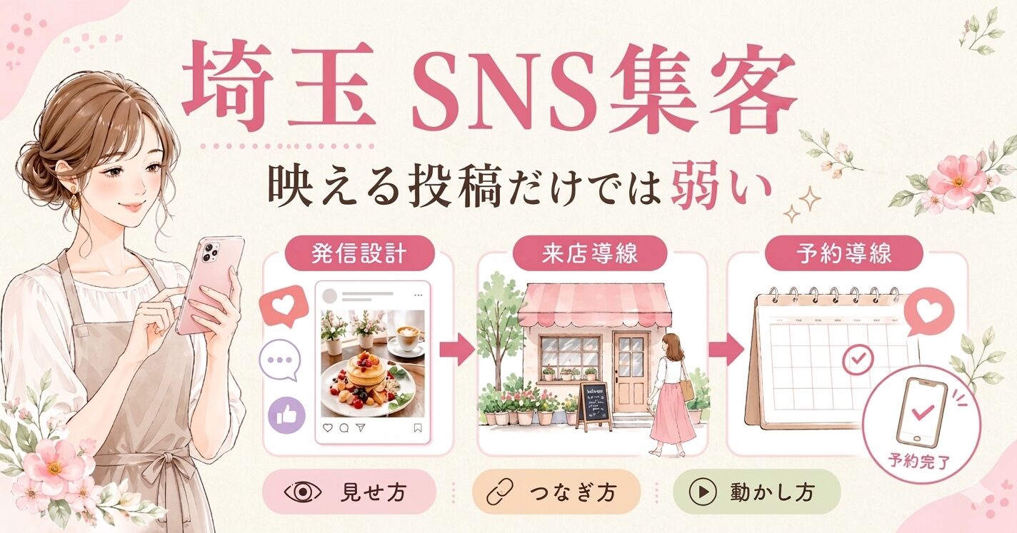 埼玉でSNS集客に悩む方向けに、映える投稿だけではなく来店につなげる考え方を紹介したイラスト調のアイキャッチ画像