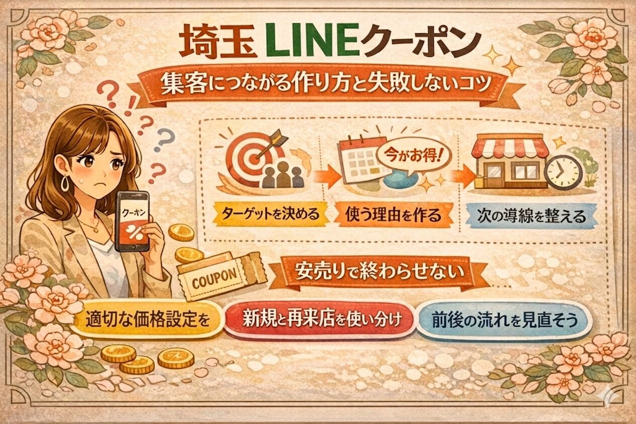 花の装飾に囲まれたやわらかいイラスト調デザインで、埼玉のLINEクーポンについて、集客につながる作り方、失敗しないコツ、安売りで終わらせない考え方を紹介しているアイキャッチ画像