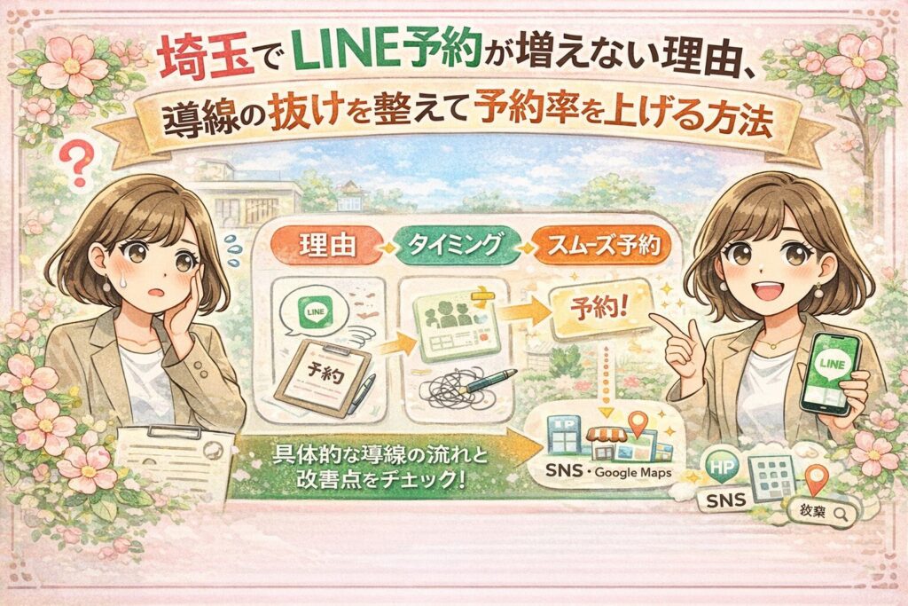 埼玉でLINE予約が増えない理由を、導線の抜け・タイミング・スムーズな予約導線の3点で分かりやすく整理した、女性経営者向けのイラスト調アイキャッチ画像