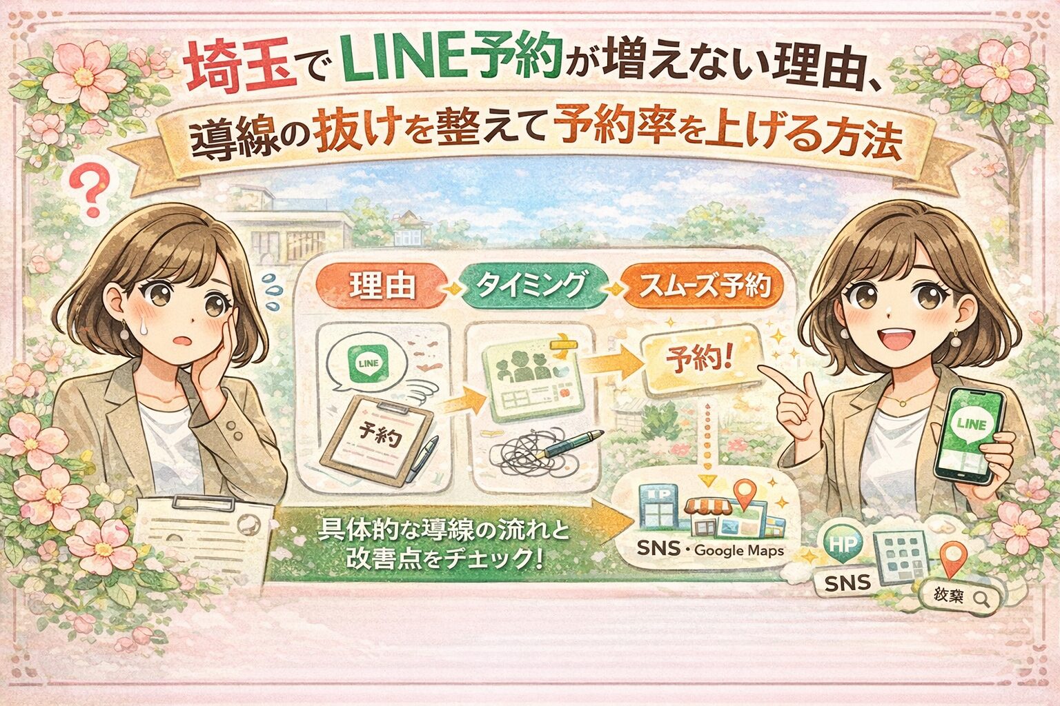 埼玉でLINE予約が増えない理由を、導線の抜け・タイミング・スムーズな予約導線の3点で分かりやすく整理した、女性経営者向けのイラスト調アイキャッチ画像