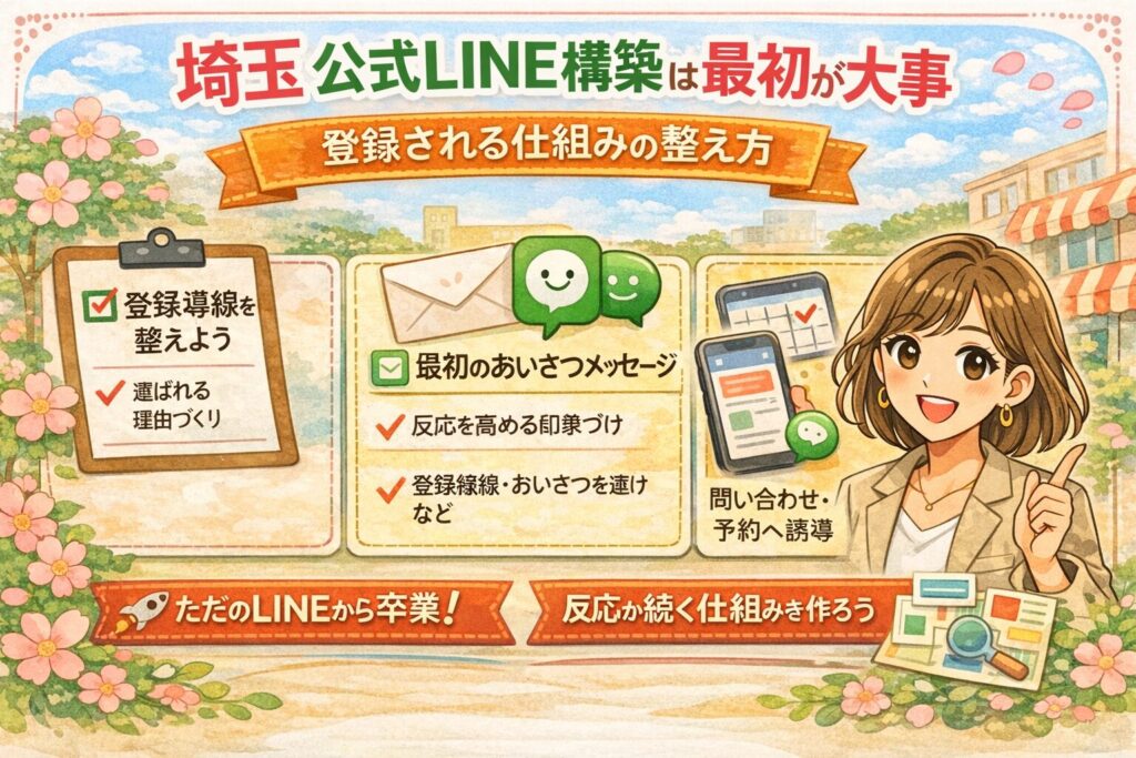 埼玉の公式LINE構築について、登録導線・最初のあいさつメッセージ・問い合わせや予約への導線づくりを、女性向けのやさしいイラストで紹介したアイキャッチ画像