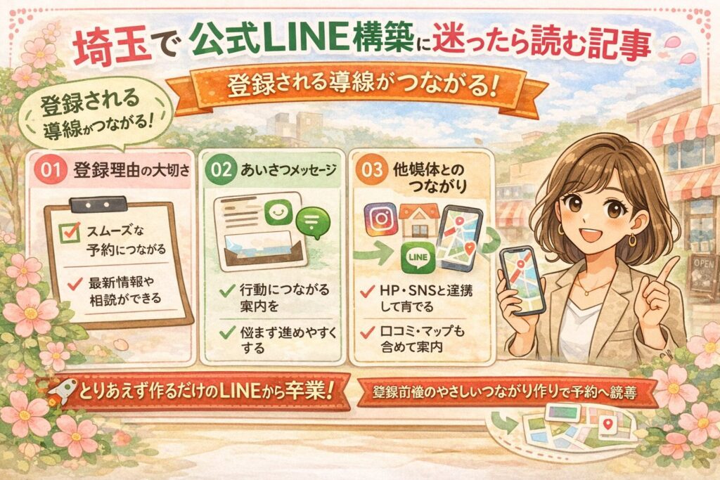 埼玉の公式LINE構築について、登録理由の見せ方・あいさつメッセージ・他媒体との連携を、女性向けのやさしいイラストで紹介したアイキャッチ画像