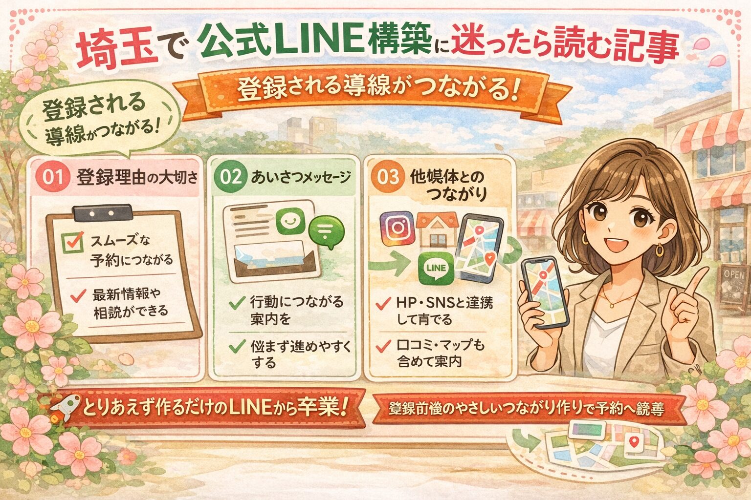 埼玉の公式LINE構築について、登録理由の見せ方・あいさつメッセージ・他媒体との連携を、女性向けのやさしいイラストで紹介したアイキャッチ画像