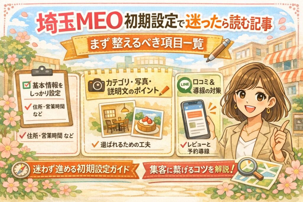 埼玉のMEO初期設定で整えるべき項目を、基本情報・カテゴリや写真・口コミと導線の3つに分けて紹介した、女性向けのやさしいイラスト調アイキャッチ画像
