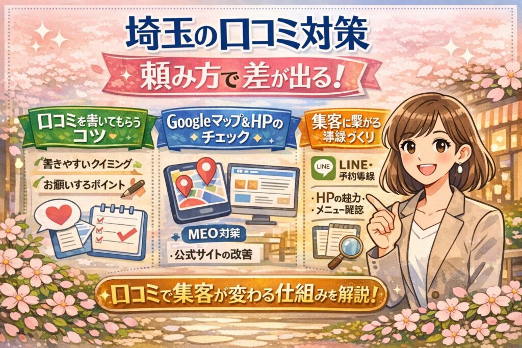 桜を背景に、女性イラストとGoogleマップ・口コミ・LINEのモチーフを使って、埼玉の口コミ対策と集客導線のポイントを紹介しているブログ記事用アイキャッチ画像
