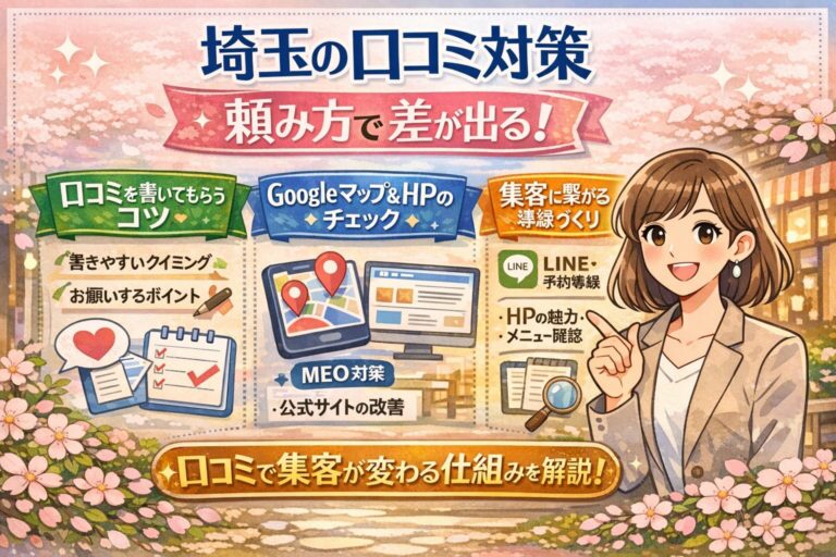 桜を背景に、女性イラストとGoogleマップ・口コミ・LINEのモチーフを使って、埼玉の口コミ対策と集客導線のポイントを紹介しているブログ記事用アイキャッチ画像