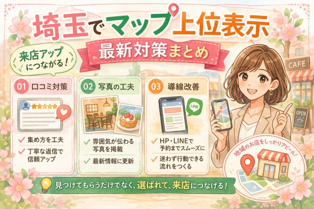 埼玉でGoogleマップ上位表示を目指す店舗向けに、口コミ対策・写真の工夫・導線改善のポイントをやさしく紹介した、女性向けのイラスト調アイキャッチ画像