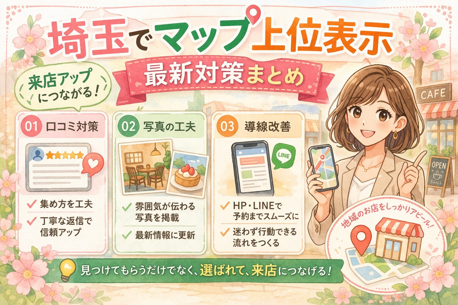 埼玉でGoogleマップ上位表示を目指す店舗向けに、口コミ対策・写真の工夫・導線改善のポイントをやさしく紹介した、女性向けのイラスト調アイキャッチ画像
