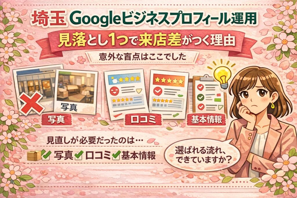 埼玉のGoogleビジネスプロフィール運用で来店差がつく理由を、写真・口コミ・基本情報の見直しポイントとともにやさしく伝える、女性向けのイラスト調アイキャッチ画像
