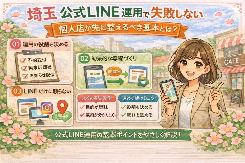 埼玉の公式LINE運用について、役割決め・効果的な導線づくり・LINE以外の媒体活用を、女性向けのやさしいイラストで紹介したアイキャッチ画像