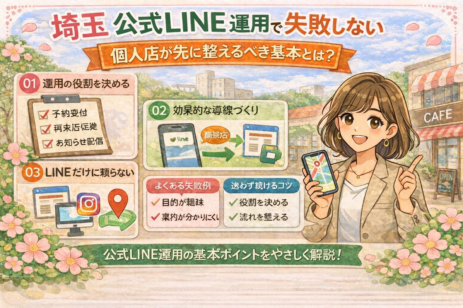 埼玉の公式LINE運用について、役割決め・効果的な導線づくり・LINE以外の媒体活用を、女性向けのやさしいイラストで紹介したアイキャッチ画像