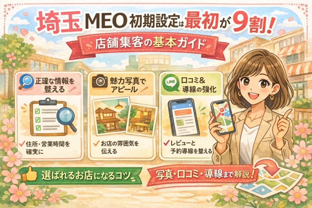 埼玉のMEO初期設定について、正確な情報設定・写真活用・口コミと導線強化のポイントを、女性向けのやさしいイラストで紹介したアイキャッチ画像