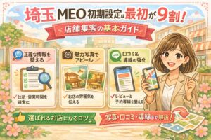 埼玉のMEO初期設定について、正確な情報設定・写真活用・口コミと導線強化のポイントを、女性向けのやさしいイラストで紹介したアイキャッチ画像