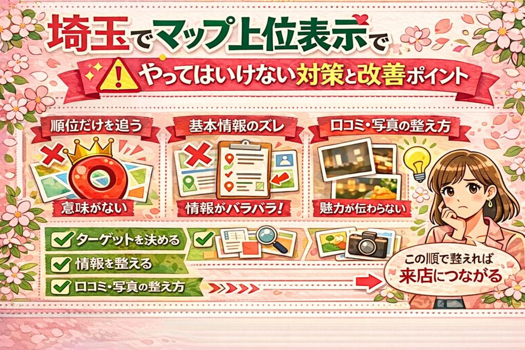 埼玉でマップ上位表示を目指す店舗向けに、やってはいけない対策と改善ポイントを日本語で分かりやすく整理した、女性向けのイラスト調アイキャッチ画像