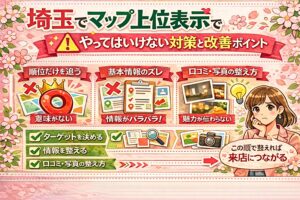 埼玉でマップ上位表示を目指す店舗向けに、やってはいけない対策と改善ポイントを日本語で分かりやすく整理した、女性向けのイラスト調アイキャッチ画像