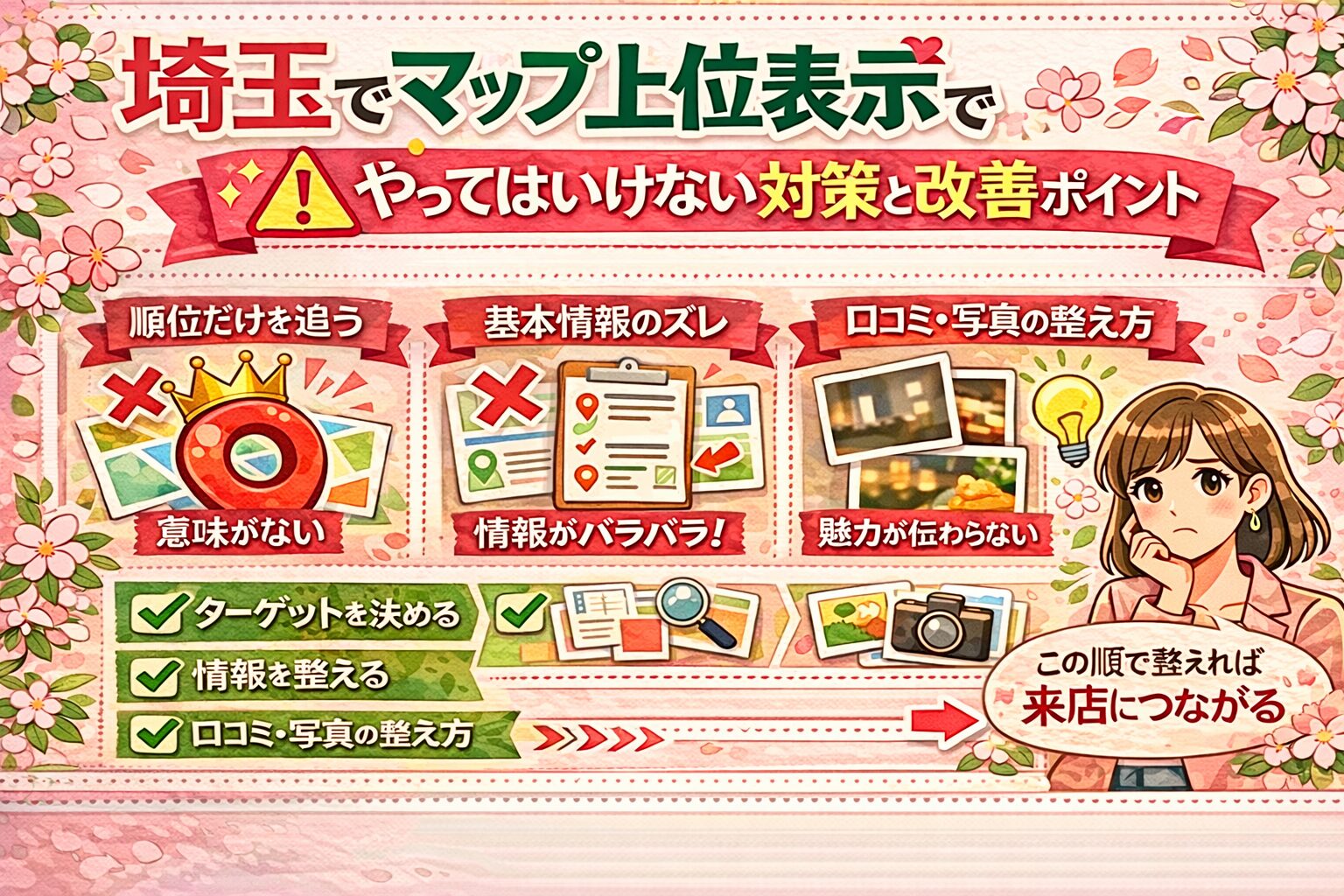 埼玉でマップ上位表示を目指す店舗向けに、やってはいけない対策と改善ポイントを日本語で分かりやすく整理した、女性向けのイラスト調アイキャッチ画像