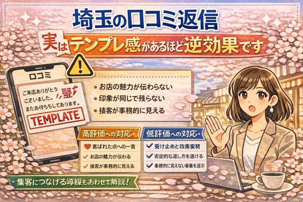 桜の背景と女性イラストを使い、埼玉の口コミ返信でテンプレ感のある返答が逆効果になる理由と、高評価・低評価への対応、集客導線の考え方を紹介しているブログ記事用アイキャッチ画像