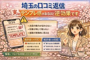 桜の背景と女性イラストを使い、埼玉の口コミ返信でテンプレ感のある返答が逆効果になる理由と、高評価・低評価への対応、集客導線の考え方を紹介しているブログ記事用アイキャッチ画像