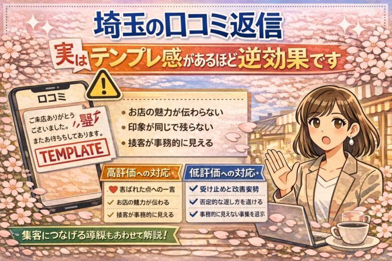 桜の背景と女性イラストを使い、埼玉の口コミ返信でテンプレ感のある返答が逆効果になる理由と、高評価・低評価への対応、集客導線の考え方を紹介しているブログ記事用アイキャッチ画像