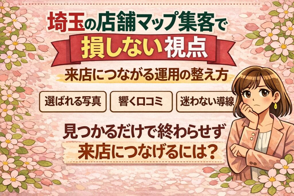 埼玉の店舗マップ集客で損しない視点を、選ばれる写真・響く口コミ・迷わない導線の3要素とともに伝える、女性向けのイラスト調アイキャッチ画像