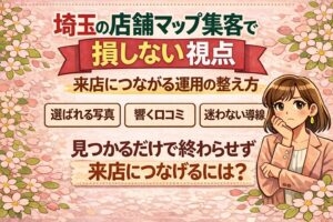 埼玉の店舗マップ集客で損しない視点を、選ばれる写真・響く口コミ・迷わない導線の3要素とともに伝える、女性向けのイラスト調アイキャッチ画像