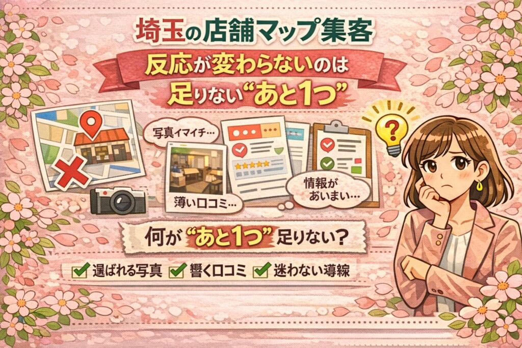 埼玉の店舗マップ集客で反応が変わらない理由を、写真・口コミ・導線の見直しポイントとともにやさしく伝える、女性向けのイラスト調アイキャッチ画像