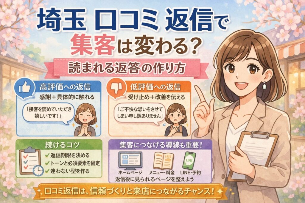 桜の背景と女性イラストを使い、埼玉の口コミ返信が集客や信頼にどうつながるかを、高評価・低評価の返し方や導線設計とあわせて紹介しているブログ記事用アイキャッチ画像