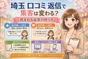 桜の背景と女性イラストを使い、埼玉の口コミ返信が集客や信頼にどうつながるかを、高評価・低評価の返し方や導線設計とあわせて紹介しているブログ記事用アイキャッチ画像