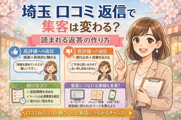 桜の背景と女性イラストを使い、埼玉の口コミ返信が集客や信頼にどうつながるかを、高評価・低評価の返し方や導線設計とあわせて紹介しているブログ記事用アイキャッチ画像