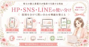 埼玉の個人事業主が集客で失敗しやすい理由として、HP・SNS・LINEの役割を分けて問い合わせ導線を整える流れを示したイラスト