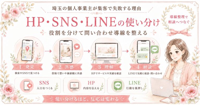 埼玉の個人事業主が集客で失敗しやすい理由として、HP・SNS・LINEの役割を分けて問い合わせ導線を整える流れを示したイラスト
